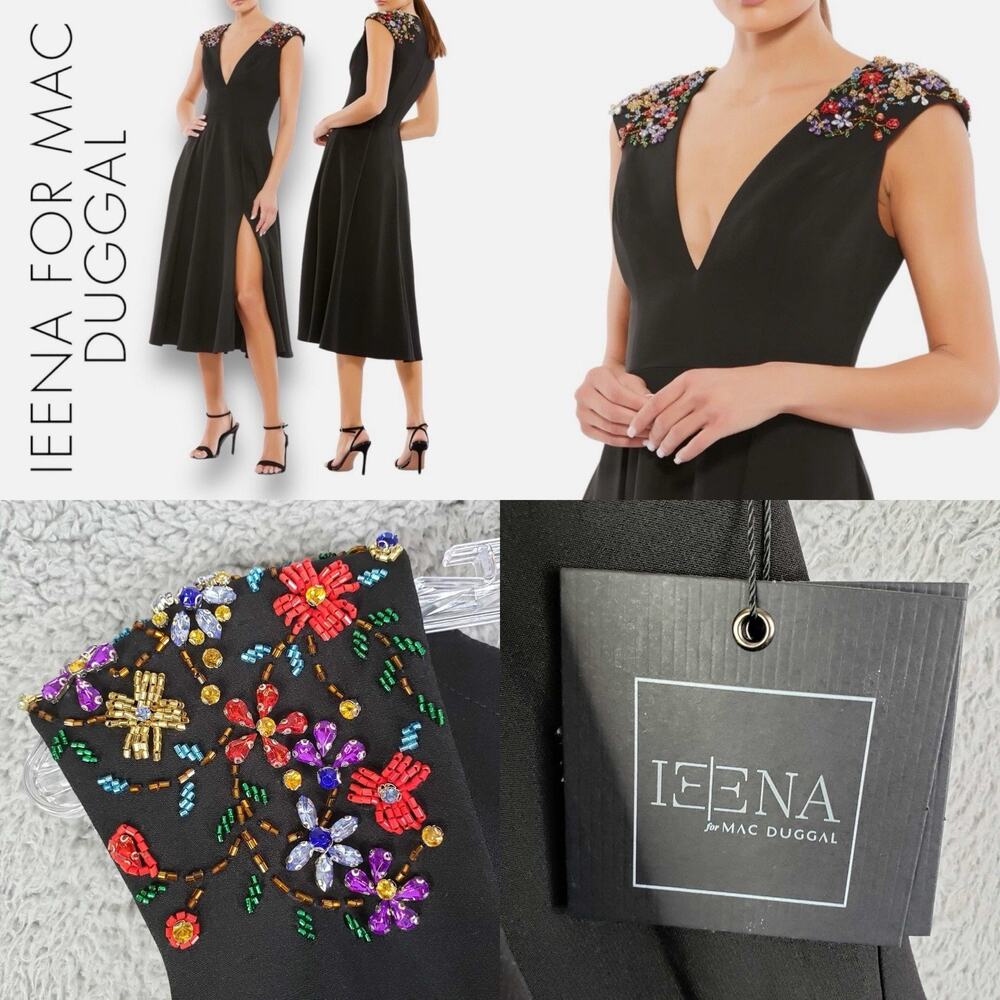 IEENA For Mac Duggal Black Beaded Floral Gala Formal Dress Gown Size 2 SS New